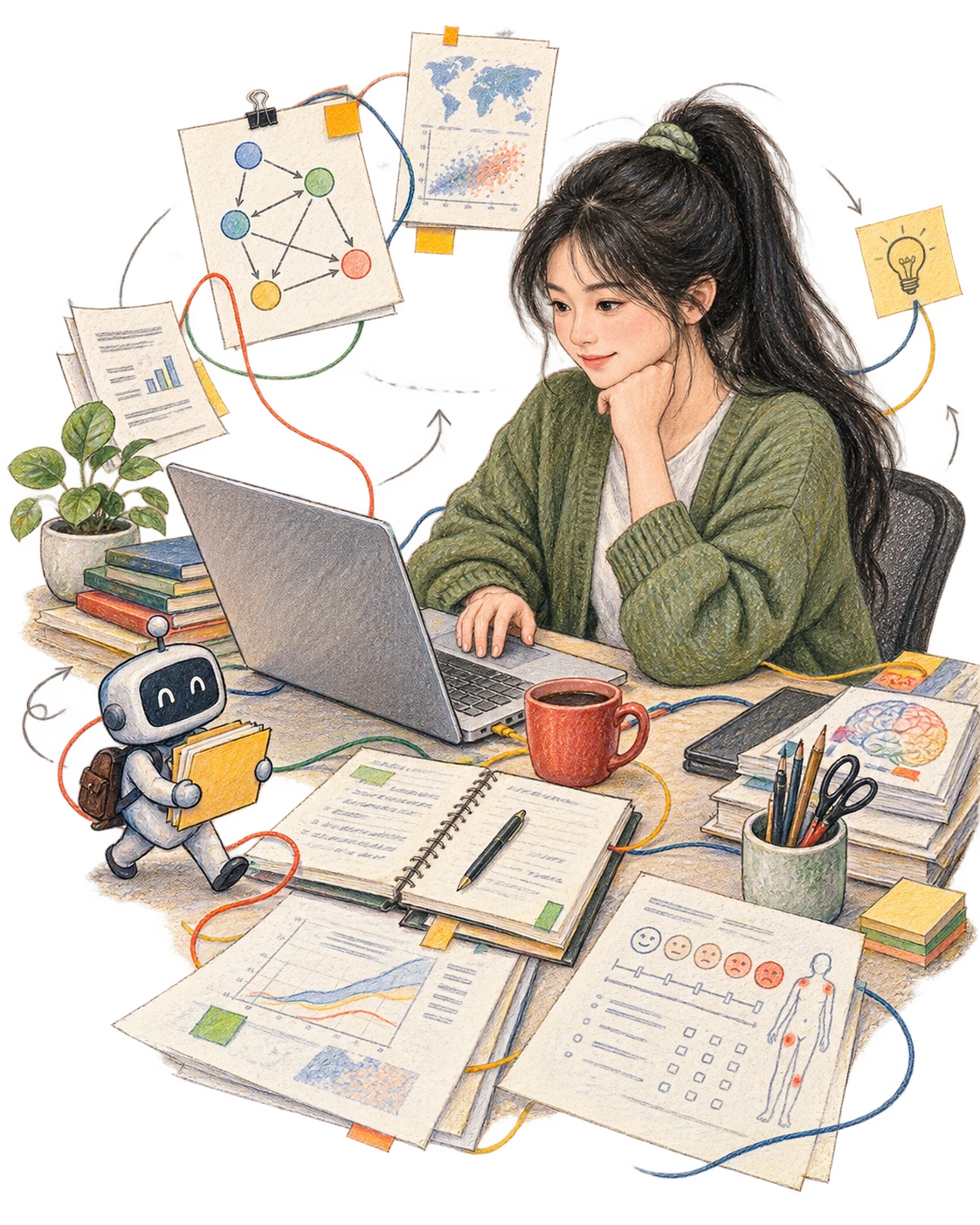 Colored-pencil scene of Mengmeng, black hair in one high ponytail and no glasses, working amid a laptop, papers, notebooks, coffee, a map, connected diagrams and a small research agent.