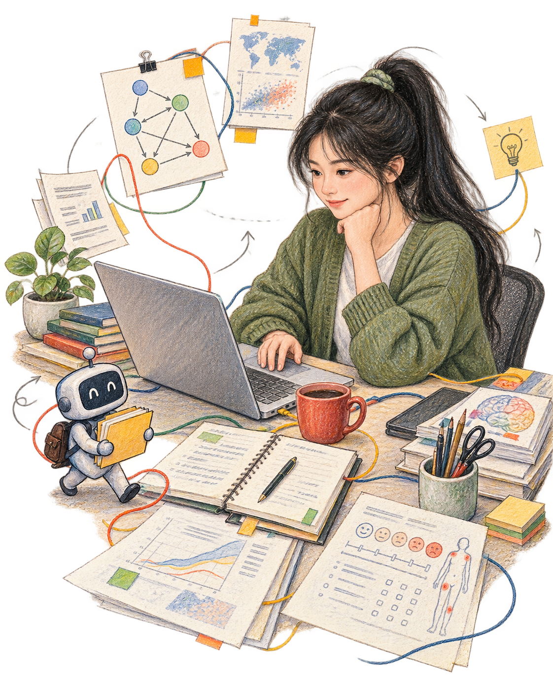 Colored-pencil scene of Mengmeng, black hair in one high ponytail and no glasses, working amid a laptop, papers, notebooks, coffee, a map, connected diagrams and a small research agent.