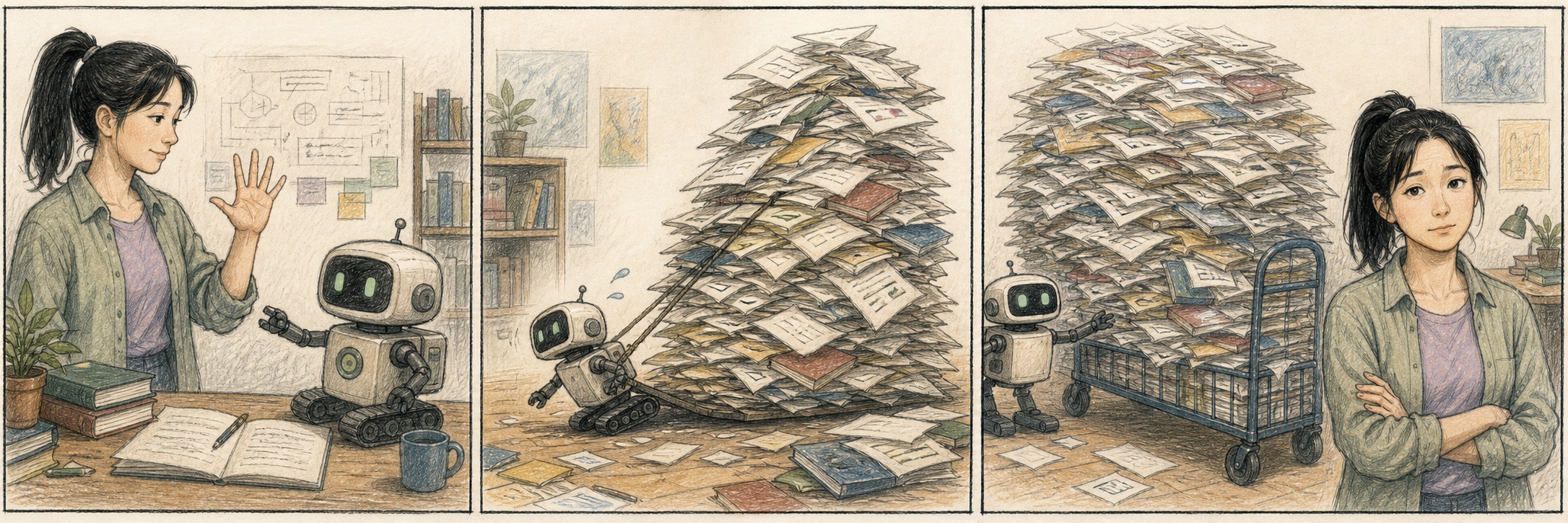 Three panels show Mengmeng asking for five papers, a tiny agent dragging a mountain of papers, and an even larger cart while Mengmeng looks silently at the viewer.