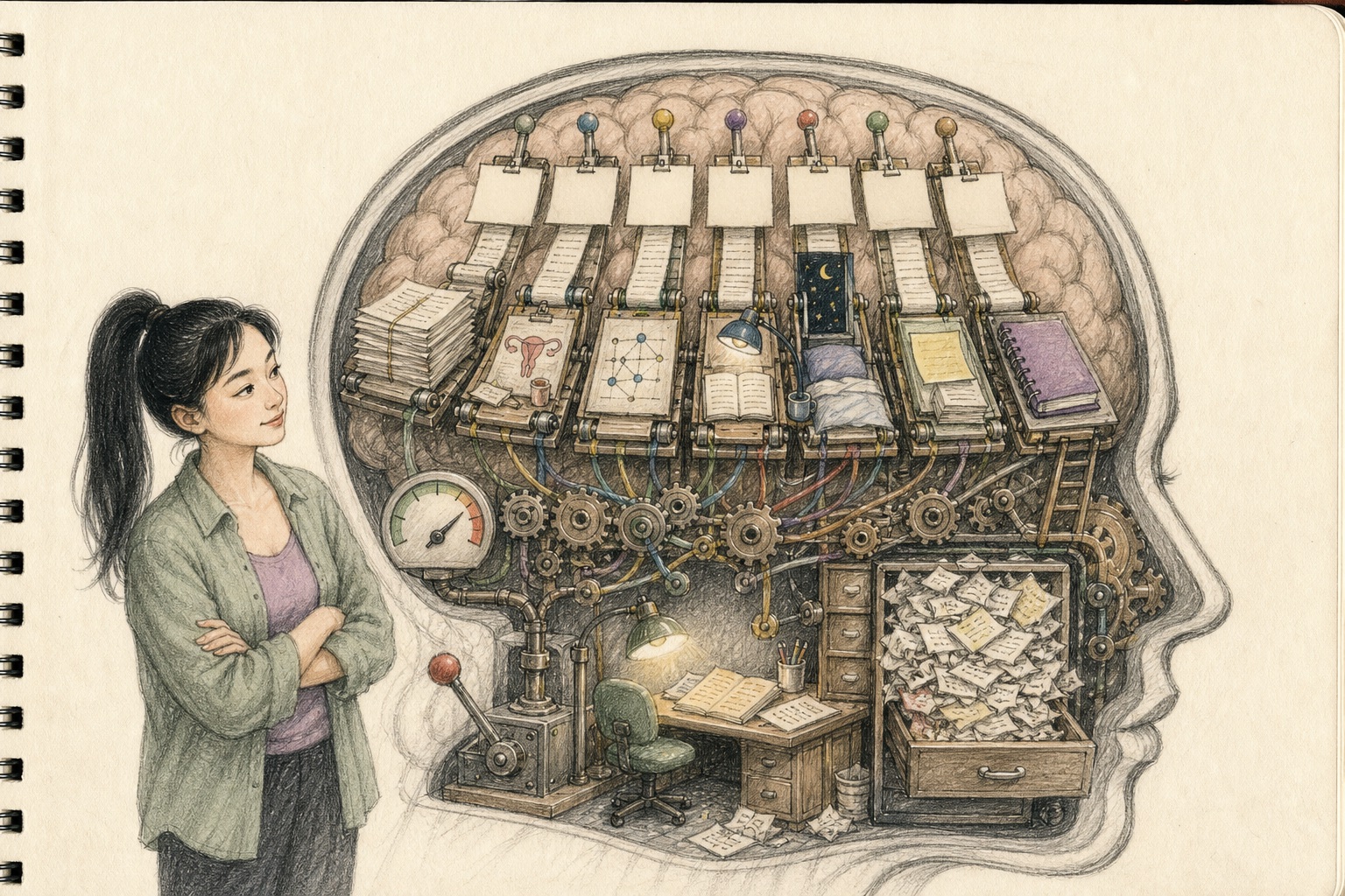 Mengmeng calmly inspects a hand-built control room inside a brain silhouette, where seven research tasks run on paper conveyors and an overfilled memory drawer spills notes.