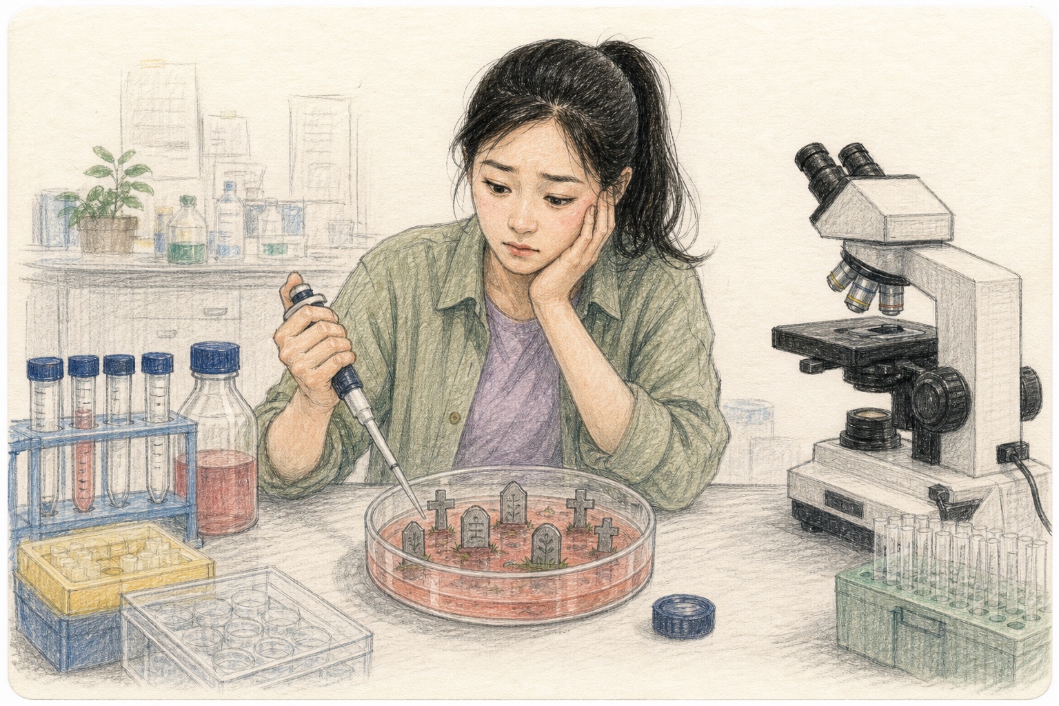 Mengmeng holds a pipette and looks sheepish beside a clean cell-culture dish containing several tiny paper gravestones, with a microscope and tubes nearby.