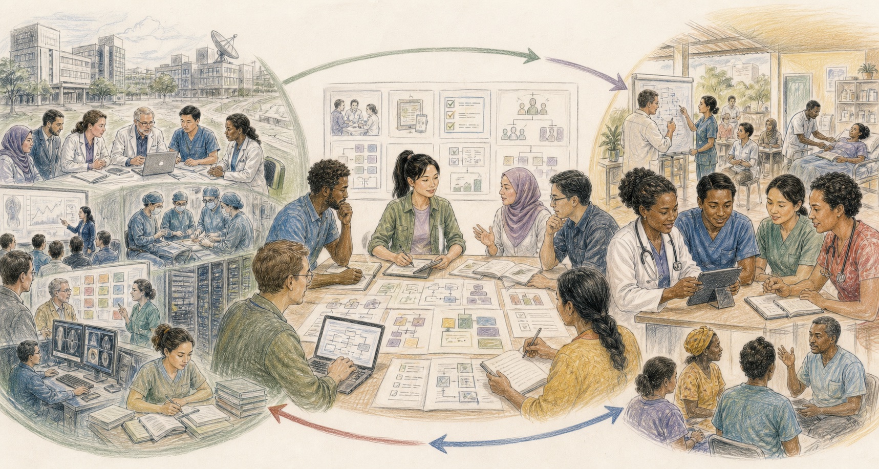 A serious panoramic illustration connects a complex medical ecosystem to a collaborative translation table and onward to confident local clinicians who adapt, teach and own their healthcare system, with feedback flowing both ways.