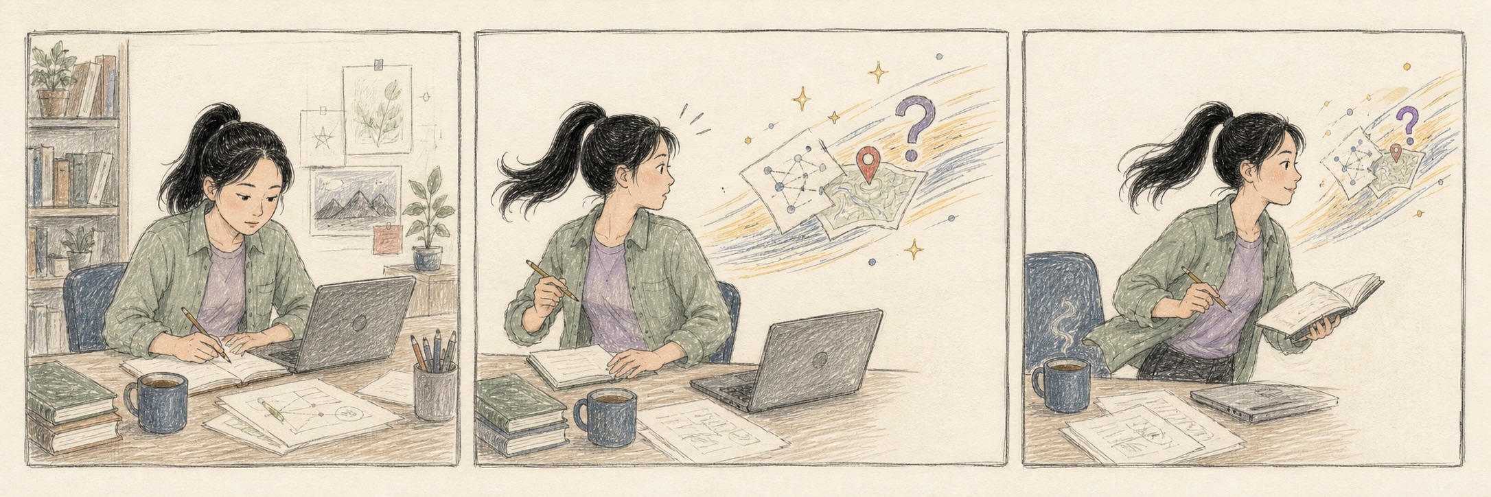 Three panels show Mengmeng working, noticing a comet-like new method, map and question, and immediately following it with notebook in hand.