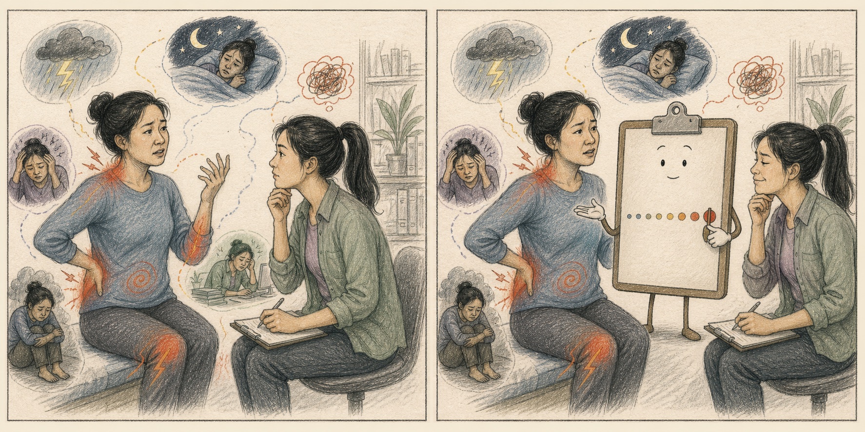 Two panels contrast a patient respectfully describing pain with sleep, stress, movement and emotion around her, against a smiling clipboard reducing everything to one scale.