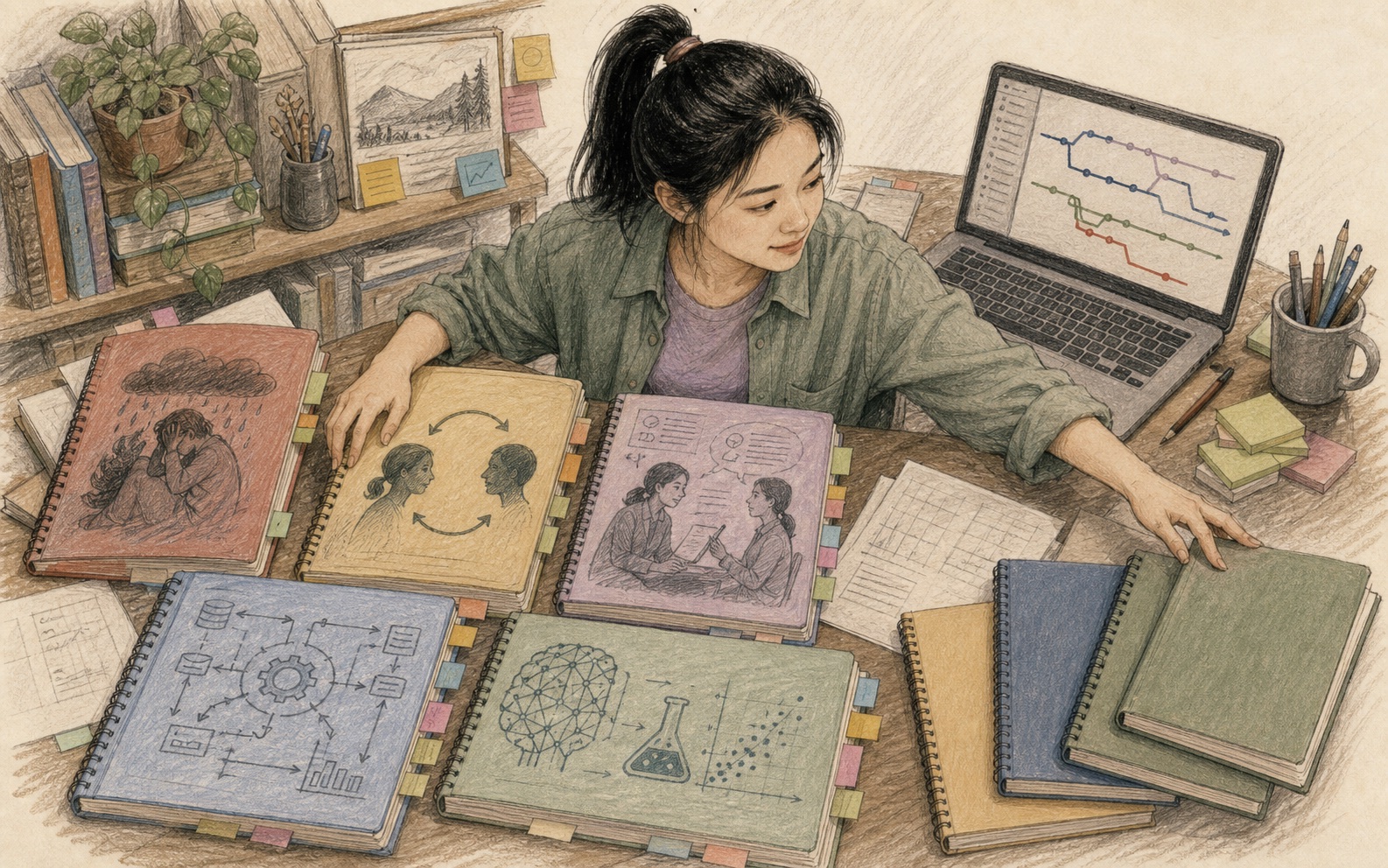 Mengmeng reaches across a desk covered by five illustrated project notebooks while three new blank notebooks appear beside a version-control laptop.
