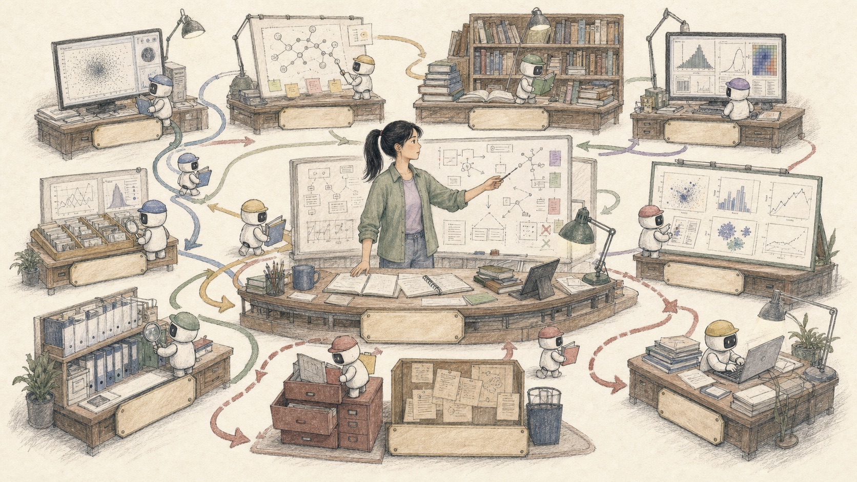 A large scientific workshop has stations for data, hypotheses, literature, analysis, figures, writing and audit; tiny agents carry folders along looping paths while Mengmeng makes decisions at the central whiteboard.