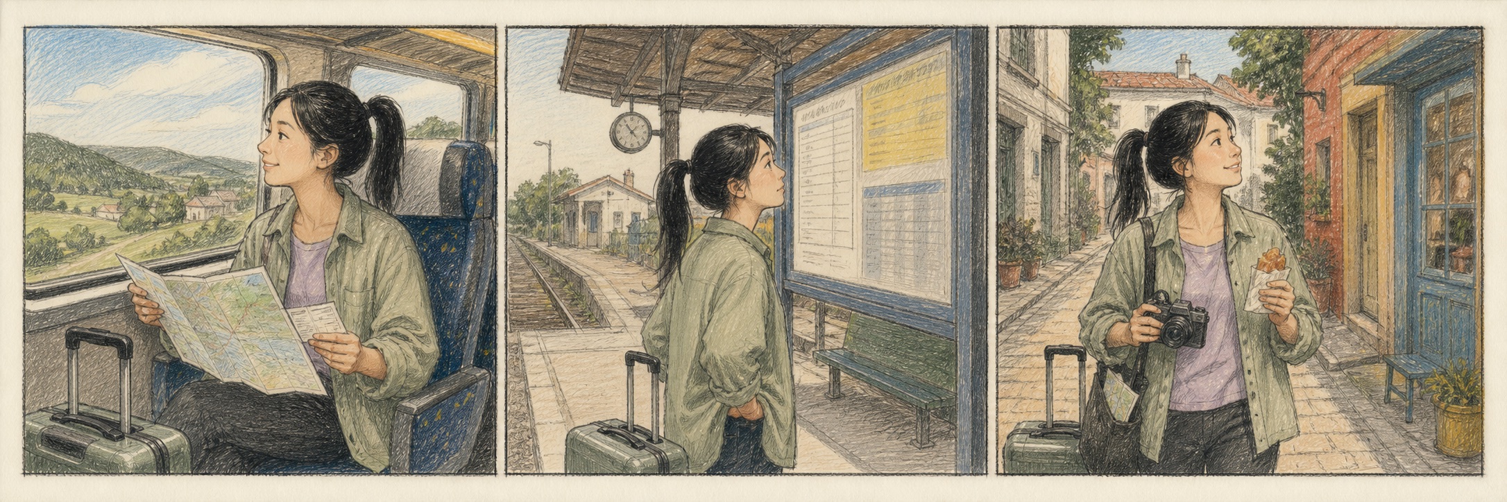 Three panels show Mengmeng enjoying a European train, unexpectedly ending at an unfamiliar small station, then already exploring the town with suitcase, map, camera and a snack.