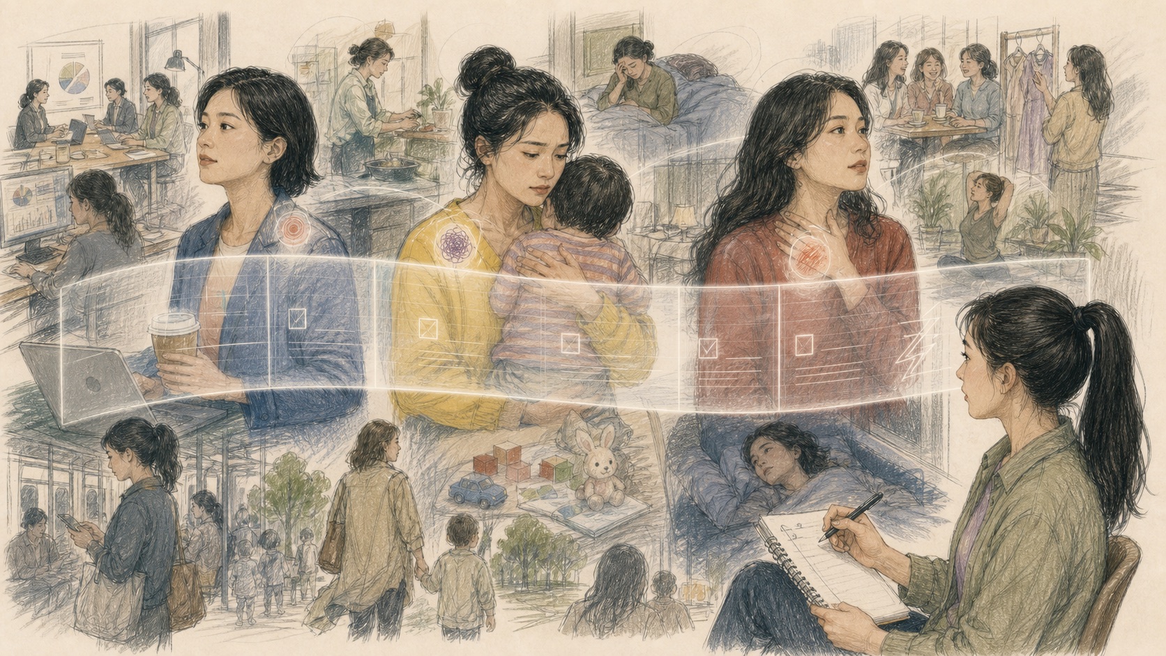 Three women appear within rich contexts of work, caregiving, relationships, sleep and symptoms while a clinical measurement frame captures only selected fragments; Mengmeng takes interview notes.